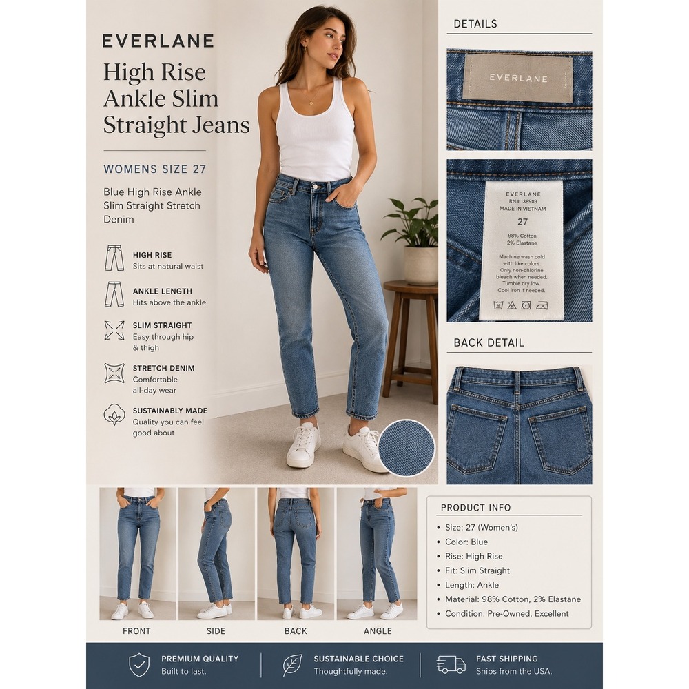 Everlane Jeans Womens 27 Blue High Rise Ankle Slim Straight Stretch Denim